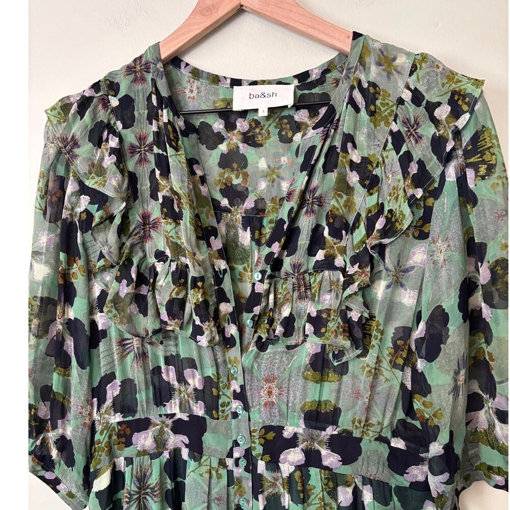 BA&SH Floral Hooper Maxi Dress Size 3 (Large) Green Watercolor Boho Cottagecore - Picture 4 of 11